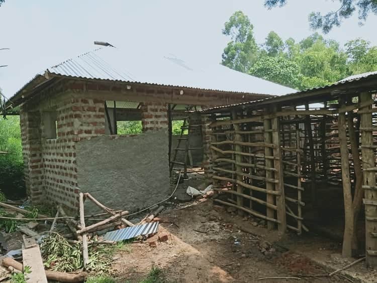 Brick and wood structure to house cows in Kenya